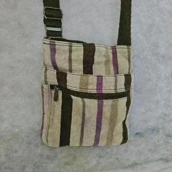 Thirty One Crossbody Canvas Purple Tan Brown Purple Stripe Multiple Pockets - Picture 9 of 10